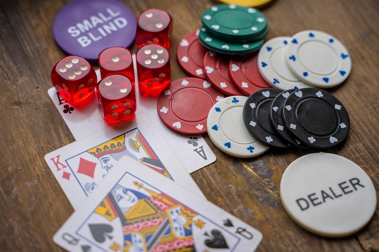 Chips, playing cards and dice